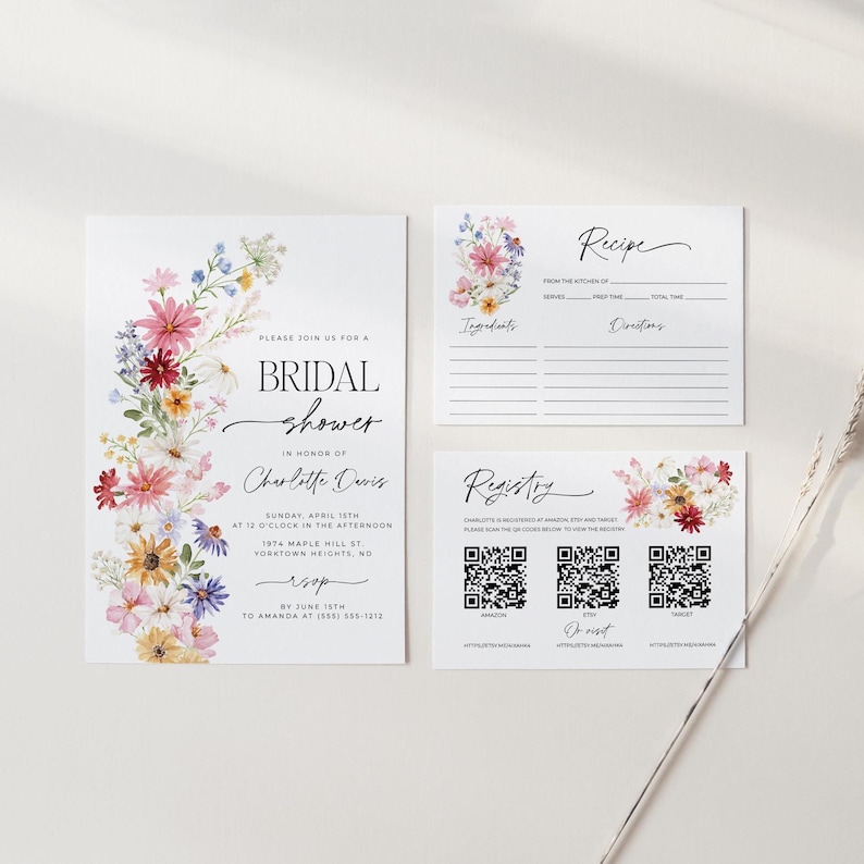 Wildflower bridal shower bundle including invitation, recipe card, registry card and recipe request card. The invitation includes colorful watercolor wildflower illustration in pink, purple, yellow, red and green shades and modern calligraphy text style and simple white background. The text read "bridal shower". The size of the invitation is 5x7 inches, recipe card and registry card are 3.5x5 inches and recipe request card is 2x3.5 inches.
