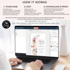 A laptop screen displaying the Corjl editor with a bridal shower invitation with colorful wildflowers arch and cursive writing. The invite includes watercolor illustration of soft summer wildflowers in pink, yellow, blue, purple, red and white tones. The text includes bridal brunch as it's title.
