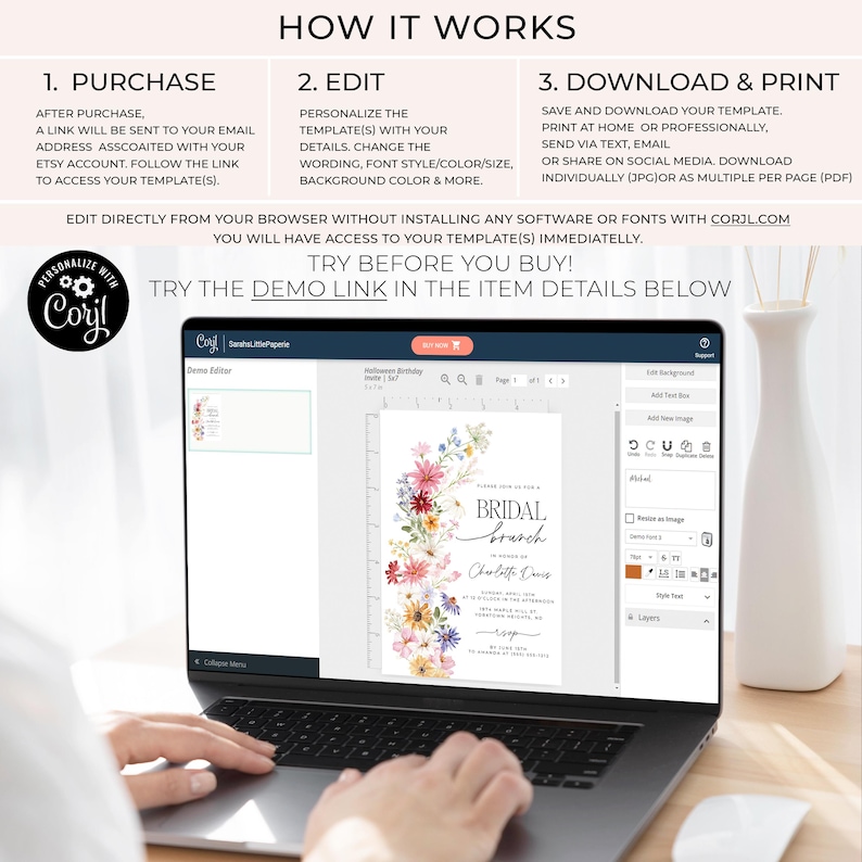 A laptop screen displaying the Corjl editor with a bridal shower invitation with colorful wildflowers arch and cursive writing. The invite includes watercolor illustration of soft summer wildflowers in pink, yellow, blue, purple, red and white tones. The text includes bridal brunch as it's title.