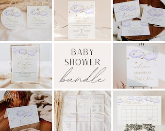 Lavender and Gold Baby Shower Bundle, Twinkle Twinkle Little Star Bundle, Purple and Gold Moon, Stars | INSTANT DOWNLOAD