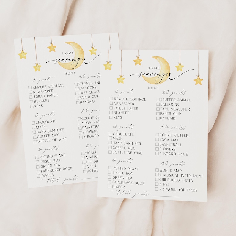 May include: Two printable game cards with a moon and stars theme. The cards list items to find around the house for a scavenger hunt game. The items are categorized by points: 1 point, 3 points, 5 points, 10 points, 15 points, and 20 points.