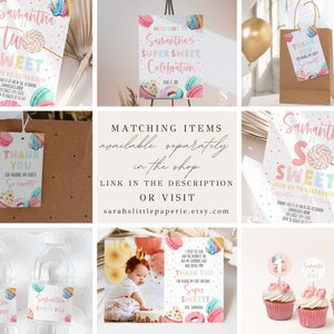 May include: A set of printable party decorations for a girl's second birthday. The decorations feature a pink, white, and blue color scheme with a candy theme. The text on the decorations says "Samantha is Two Sweet".
