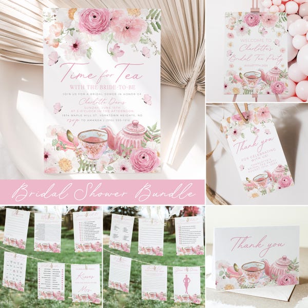 Time for Tea-bundel: roze bloementheepot vrijgezellenfeest (bewerkbare sjabloon digitale download