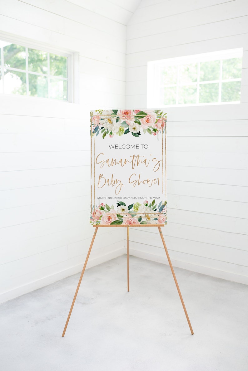 Blush Baby Shower Sign Pink and Gold Instant Download Its a Girl Baby Shower Sign Floral Baby Shower Welcome Sign