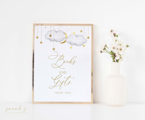 Books and Gifts  Sign, Twinkle Twinkle Little Star Baby Shower Sign, Gray and Gold  Moon Stars  Sign, INSTANT DOWNLOAD | 8 x 10" |