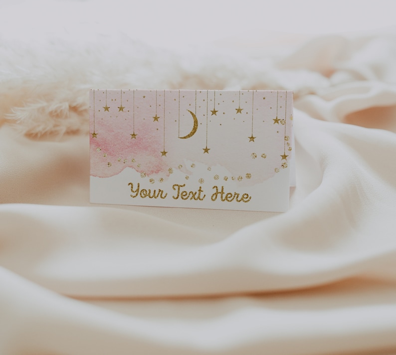 Editable Twinkle Twinkle Little Star Food Tags Place Cards Pink and Gold Baby Shower Food Tent Cards Editable Name Cards