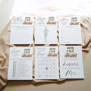 May include: A set of printable bridal shower games with a floral market theme. The games include "Guess the Dress", "Where Were They?", "Guess Who Said It", "Find the Guest Bingo", and "Guess How Many Kisses for the Soon-to-Be Mrs."