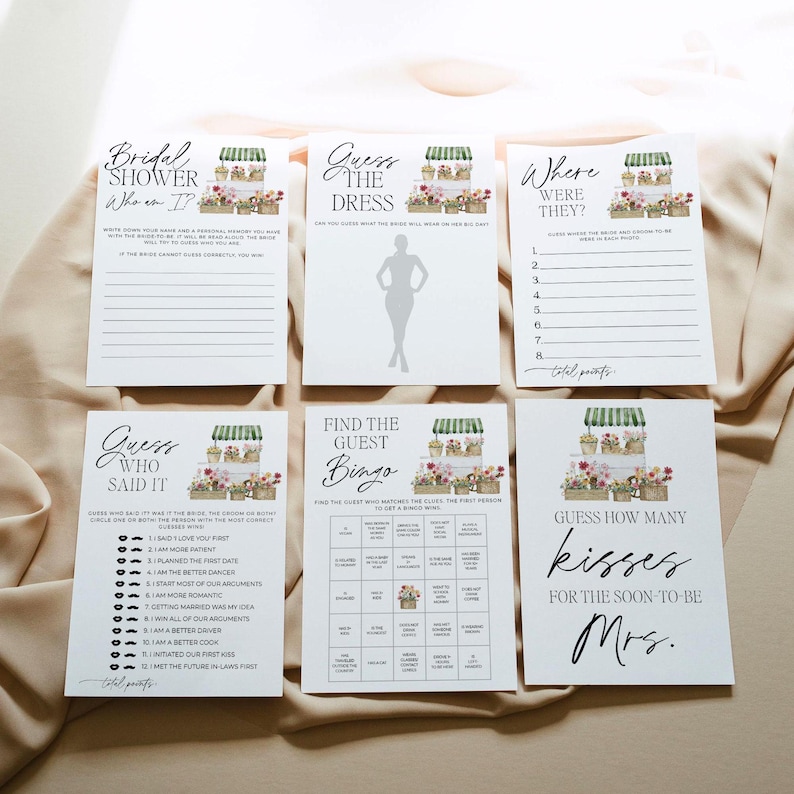 May include: A set of printable bridal shower games with a floral market theme. The games include "Guess the Dress", "Where Were They?", "Guess Who Said It", "Find the Guest Bingo", and "Guess How Many Kisses for the Soon-to-Be Mrs."