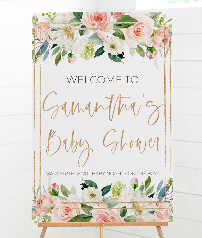 Blush Baby Shower Sign Pink and Gold Instant Download Its a Girl Baby Shower Sign Floral Baby Shower Welcome Sign