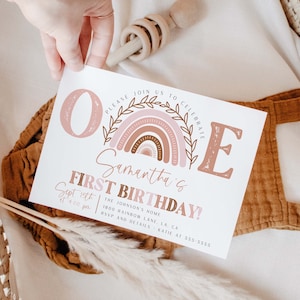 Boho Rainbow Birthday Invitation, Muted Tones Terracotta First Birthday Invitation, Earth Tones Birthday Invitation BR01