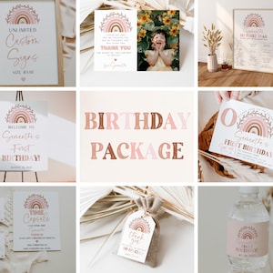 Boho Rainbow Birthday Package, Bohemian Rainbow Birthday Bundle, Editable Birthday Bundle, Terracotta Rainbow Bundle | INSTANT DOWNLOAD