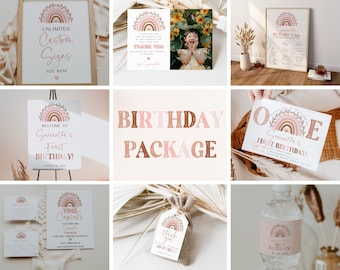 Boho Regenbogen-Geburtstagspaket, Boho-Regenbogen-Geburtstagspaket, bearbeitbares Geburtstagspaket, Terrakotta-Regenbogen-Paket | SOFORTIGER DOWNLOAD
