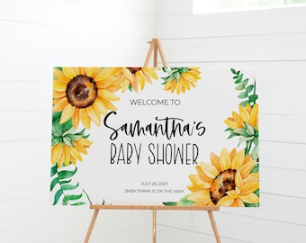Sunflower Baby Shower Welcome Sign, Sunflower Decoration, 36x24 Greenery Sign, Instant Download