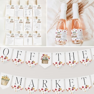 May include: A bridal shower banner with the words "Off the Market" in white letters on a white background with floral accents. The banner is decorated with small floral bouquets and butterflies. The banner is perfect for a bridal shower or wedding.