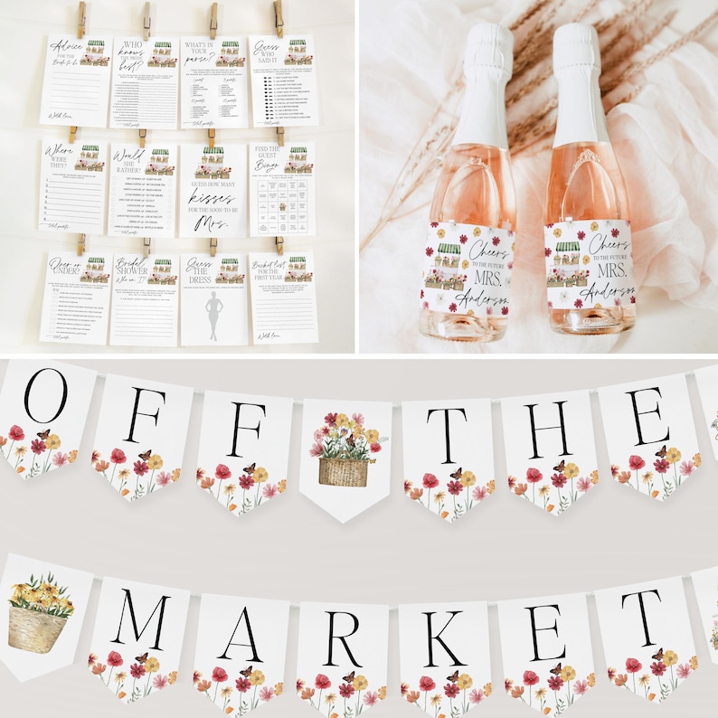 May include: A bridal shower banner with the words "Off the Market" in white letters on a white background with floral accents. The banner is decorated with small floral bouquets and butterflies. The banner is perfect for a bridal shower or wedding.