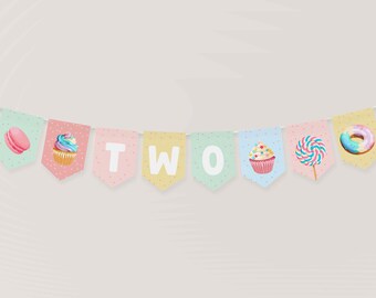 Two Sweet Birthday Banner, Rainbow Sweets Birthday Banner, DIY Banner | Editable | INSTANT DOWNLOAD