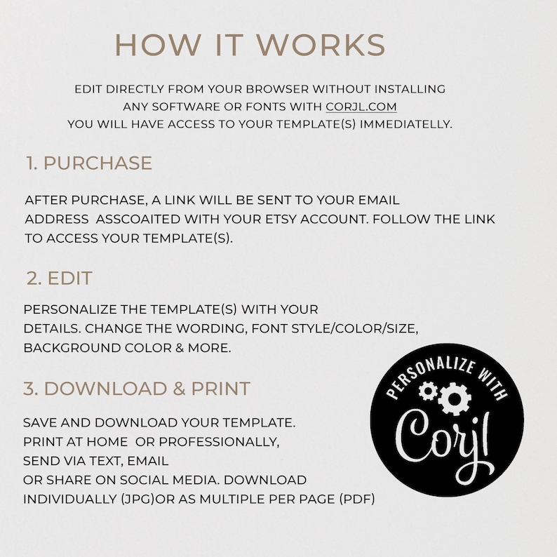 May include: How it works: Edit your template directly from your browser using Corjl.com. Purchase, edit, and download your template.  Personalize with Corjl.