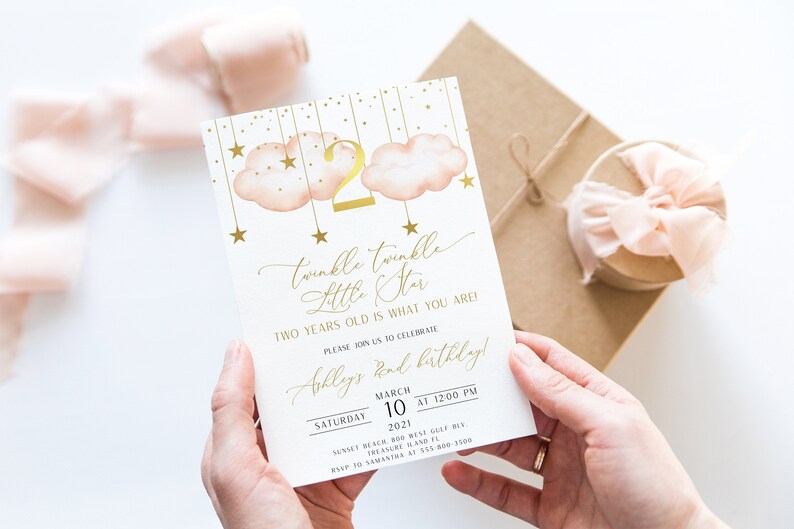 INSTANT DOWNLOAD Twinkle Twinkle Little Star Second Birthday Invitation PTTLS Gold Moon and Stars 2nd Birthday Invitation