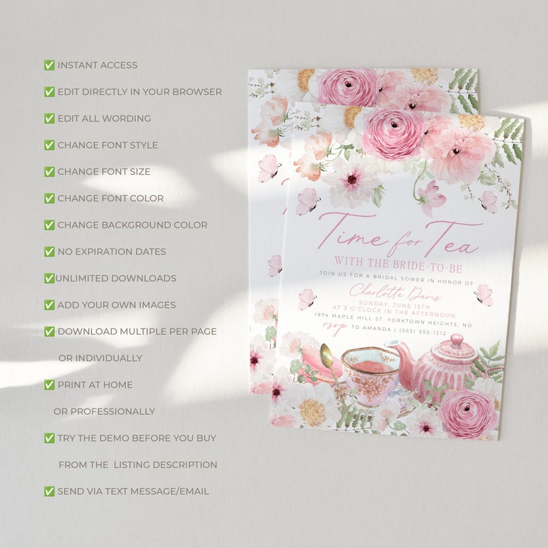 Time for Tea Bridal Shower Invitation template with pink floral teapot, teacup and golden spoons. It includes roses, pink flowers, daisies and greenery,