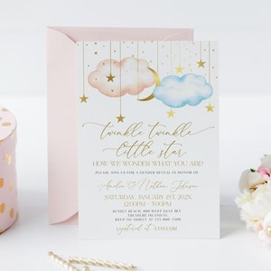 Gender Reveal Invitation, Twinkle Twinkle Little Star Gender Reveal Party Invite , Moon and Gold Stars Theme, Blue Pink Cloud Party Invite