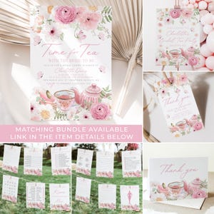 Time for Tea Bridal Shower Invitation template with pink floral teapot, teacup and golden spoons. It includes roses, pink flowers, daisies and greenery,