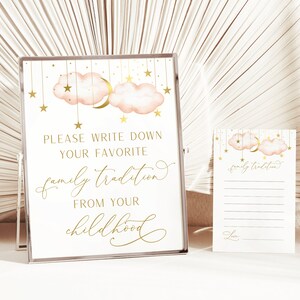 Familietradities spelbord + kaarten, maansterren baby shower spel, blozen roze en gouden baby shower tafelbord | PTTLSBR01