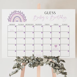 Lilac Guess Baby Geburtstagskalender, Lila Baby Shower Spiel Zeichen | SOFORTIGER DOWNLOAD BR04