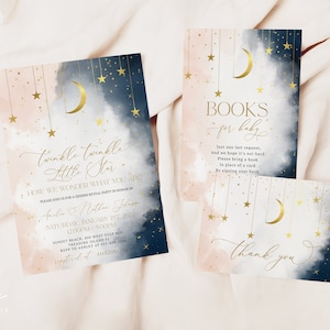 Gender Reveal Bundle, Twinkle Twinkle Little Star Gender Reveal Invite Bundle, Gold Moon Stars Theme, Navy Blau Pink | SOFORTIGER DOWNLOAD