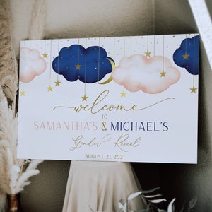 Gender Reveal Welcome Sign, Navy and Blush Welcome Sign, Twinkle Twinkle Little Star Sign,  Moon Stars  Theme| INSTANT DOWNLOAD | GNTTLS