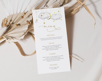 May include: A white menu card with gold lettering and a whimsical illustration of a crescent moon and clouds with stars. The menu features appetizers, salad, entree, and dessert options.