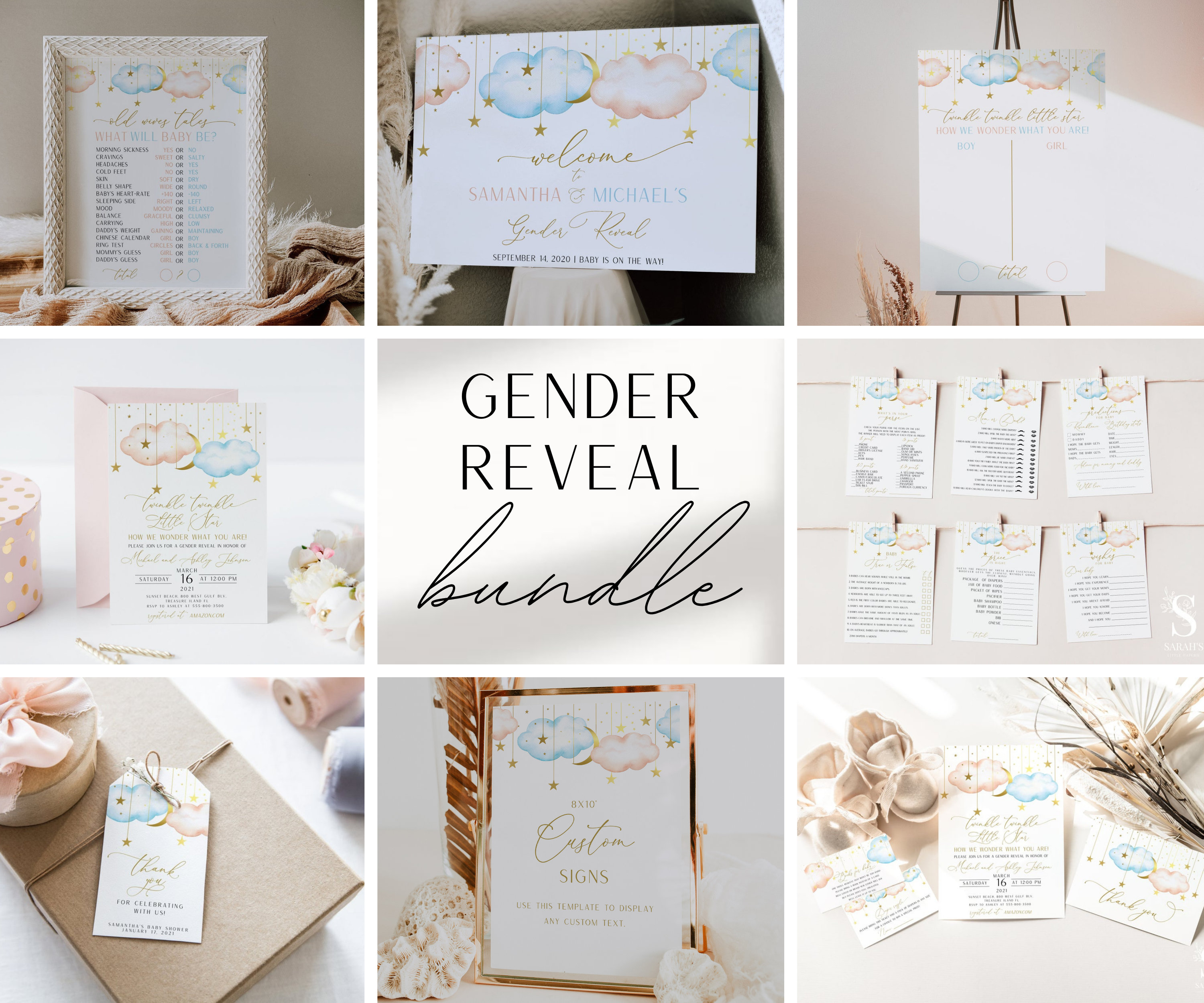 Gender Reveal Bundle, Twinkle Twinkle Little Star Bundle, Gold  Moon Stars  with Pink and Blue Clouds Set, INSTANT DOWNLOAD | GRTTLS
