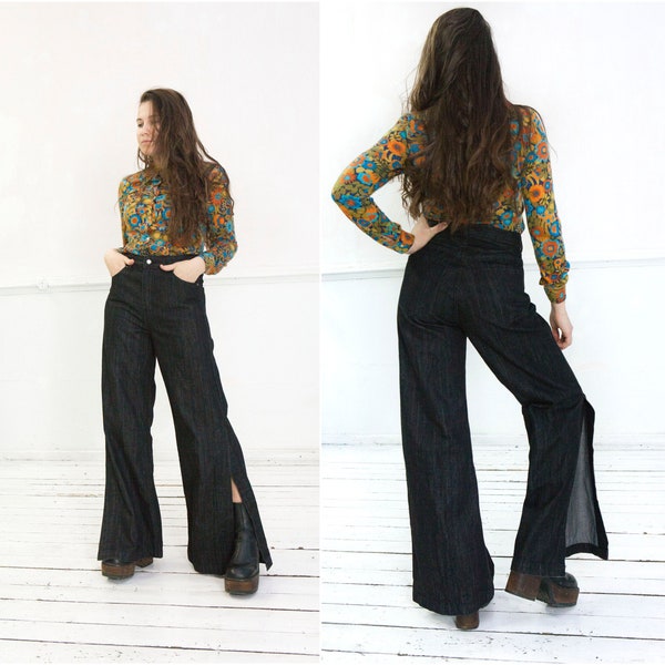 Vintage Wide Leg Jeans W29 Deep Slit Pants Womens High Waist Bell Bottoms Tall Jeans 90s Black High Rise Flared Pants Womens Slitted Jeans