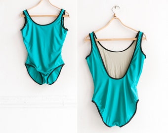 90s Swimsuit Womens Size L Vintage Lined Bathingsuit Teal Electric Blue Slightly Shiny Swimwear One Piece Swimsuit Scoop Back Swimsuit Large