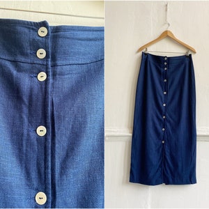 90s Blue Linen Maxi Skirt size M W30 Button Down Slitted Long Skirt 90s Style High Waist Skirt with Mother pearl Buttons