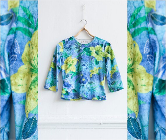 90s Velvet Crop Top S Blue Floral Velvet Top Crush