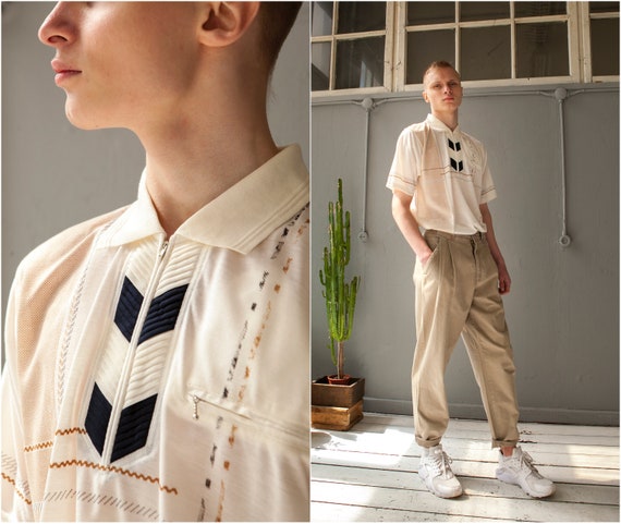 90s Zip Up Neck T Shirt Men M Cream White Geometri