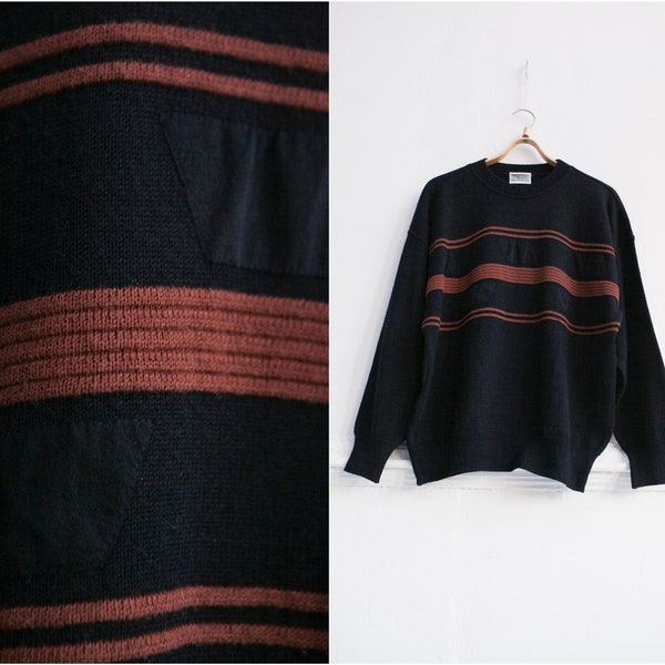 Striped Men Sweater size L 90s Black Baggy Sweatshirt Crew Neck Knit Jumper Oversize Wool Sweatshirt Womens XL Knitted Pullover