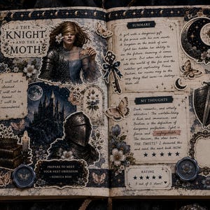 May include: An open journal featuring The Knight and the Moth title, illustrations of a knight in armour, a castle, a sword, and butterflies. The pages contain handwritten text, a summary, a rating section with five stars, and blue wax seals.