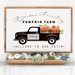 May include: A black and white illustration of a vintage pickup truck with pumpkins in the bed. The truck has a sign that says "Pumpkins" and the text "Bunker Family Pumpkin Farm" is above the truck. The text "Welcome to our patch" is below the truck.