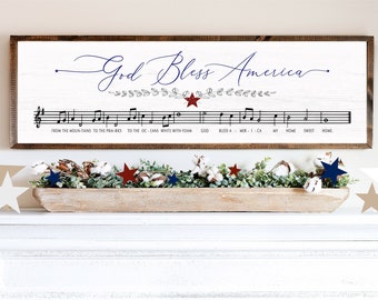 God Bless America Music Sign 4th of July Flag Wood Framed Farmhouse Sign Art Patriotic Americana USA Sign