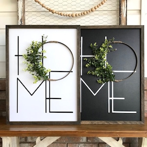 Modern HOME Letters With Wreath Framed Wood Farmhouse Sign Decor