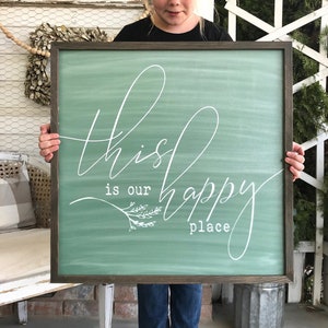 This Is Our Happy Place Green Chalkboard farmhouse wood framed sign