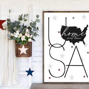 USA Home Sweet Home 4th of July Wood Framed Farmhouse Sign Art Patriotic Americana USA Sign