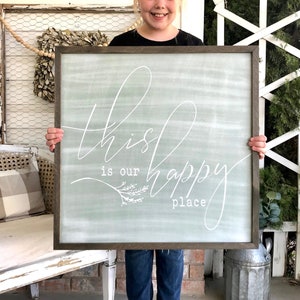 This Is Our Happy Place Green Chalkboard farmhouse wood framed sign
