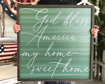 BEST SELLER | God Bless America My Home Sweet Home Green Chalkboard Framed Wood 4th of July Farmhouse Sign