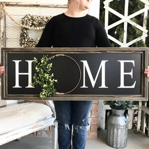 HOME with Greenery Wreath Wood Framed Farmhouse Sign