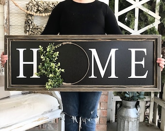 HOME with Greenery Wreath Wood Framed Farmhouse Sign