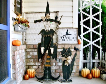 Witch and Cat Porch Statue Halloween Porch Figure Decor