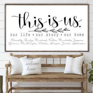 BEST SELLER | This is Us Our Life Our Story Our Home Personalized Family Names Framed Farmhouse Wood Sign Art