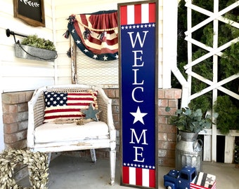 BEST SELLER | Welcome Stars and Stripes 4th of July Americana Patriotic Wood Farmhouse Porch Sign